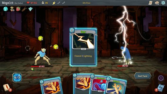 Best card games PC: using lightning against an enemy in Slay the Spire