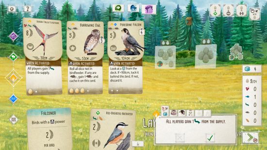 Best card games PC: surveying a board full of avian cards in Wingspan