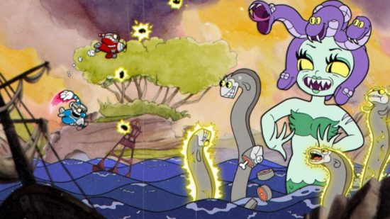 I migliori giochi di cooperativa su PC, Cuphead: Cuphead e Mugman affrontano il boss Cala Maria in Glorious, Technicolor, Animazione in stile in gomma