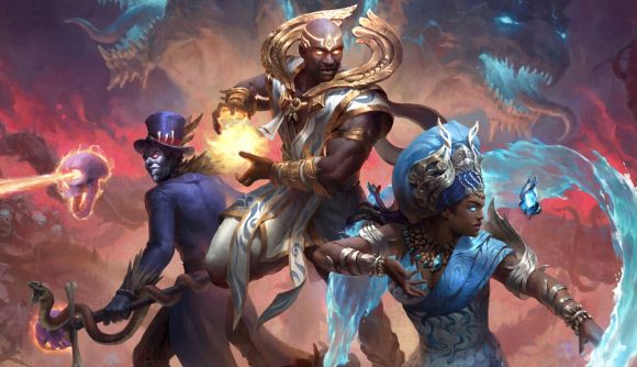 Best free Steam games: Three playable gods of Smite - Baron Samedi, Olorun, and Yemoja, face off against a horde of enemies, including Cerberus