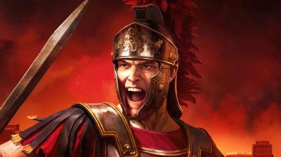 Best strategy games: A Roman soldier from Rome: Total War, one of the most well-known entries in the grand strategy genre, brandishing a sword as a city blazes behind him.