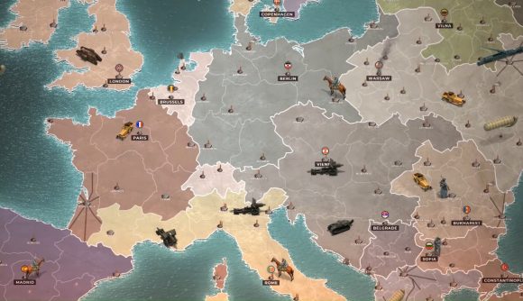 Best grand strategy games: Supremacy 1914. Image shows a world map filled with various vehicles and soldiers.
