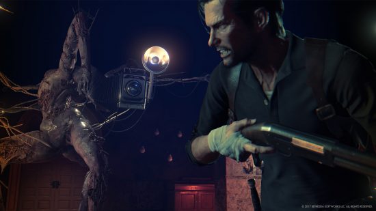 Best horror games: a fleshy creature with a camera fused to its skin searches for a man with a shotgun in Evil Within 2