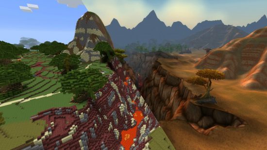 Azeroth best Minecraft builds: A side-by-side comparison of a landscape in World of Warcraft and the same lava-filled area in Minecraft, in Crafting Azeroth.