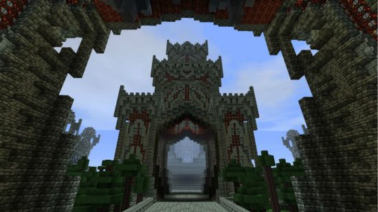 Consilium best Minecraft builds: The dwarven city of Consilium featuring dark stone and red trim, with a long entranceway and stairs leading up to a ceremonial hall.