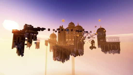 Elden Ring best Minecraft builds: A representation of a floating island found within The Lands Between, featuring a castle surrounded by scattered debris.