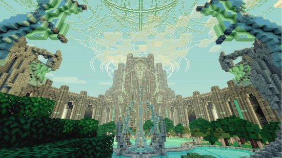 Mage's College of Meridia best Minecraft builds: An outdoor area containing a fountain and numerous shrubbery set before the medieval-style college.
