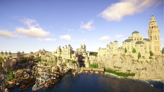 Middle-earth best Minecraft builds: An aerial shot of a port city from J.R.R. Tolkien's Middle-earth, including ships in the harbour and a sprawling medieval castle.