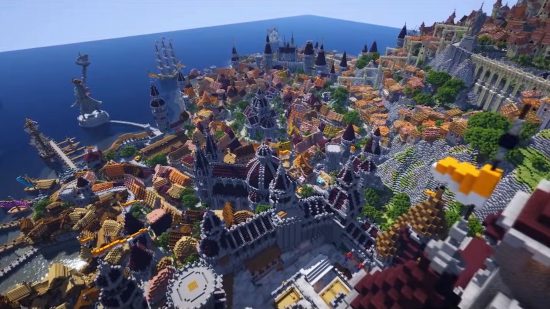 Novigrad best Minecraft builds: An aerial shot of a medieval city loosely based on Novigrad from The Witcher 3: Wild Hunt, including a castle and a harbour.