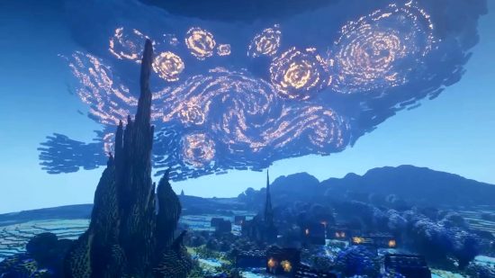 Starry Night best Minecraft builds: A replica of Vincent van Gogh's Starry Night, with the focal point being the tower and eponymous sky.