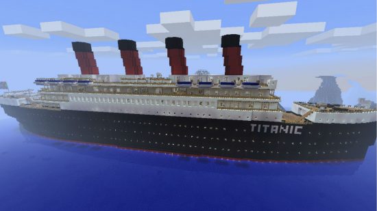RMS Titanic best Minecraft builds: A side-profile shot of a replica of the Titanic in Minecraft surrounded by blue sea and sky.
