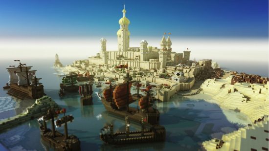 Westeroscraft best Minecraft builds: A recreation of the city of Sunspear in George R.R. Martin's franchise, A Song of Ice and Fire, including ships in the harbour and the walled city in the distance.