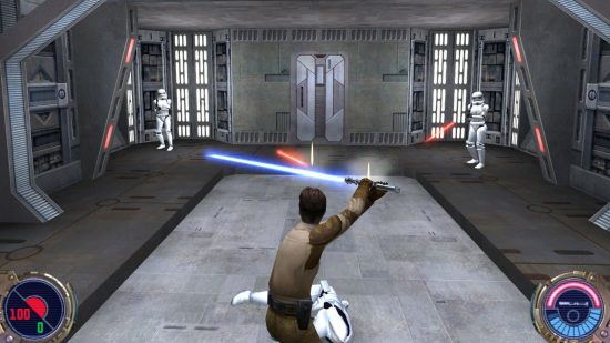 Best Star Wars games on PC: a man with a laser sword deflects their enemies attack