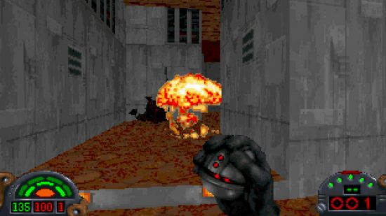Best Star Wars games on PC: a pixilated hand holds a grenade while an explosion occurs in the distance