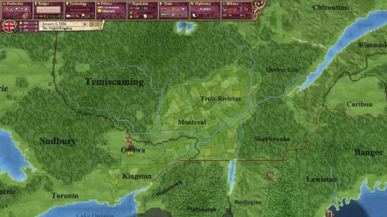 Best strategy games: A depiction of the Canadian map in Victoria 2, with a British redcoat posted as guard sentry in Ottowa