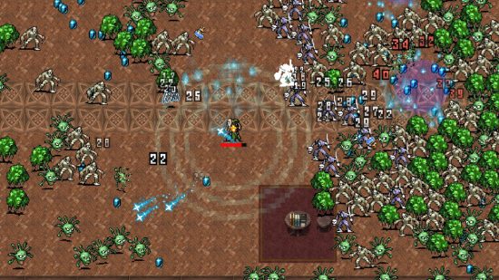 Best Vampire Survivors builds - an old man is attacking a horde of enemies with magic spells, while several circles are protecting him from the enemies behind him.
