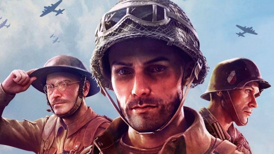 Company of Heroes 3リリース日：飛行機が頭上で飛んでいる間に立っているヒーローの会社の3人の兵士。