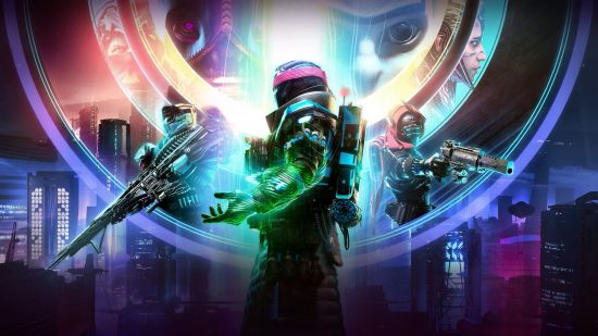 Destiny 2 best settings: Key art for the Lightfall campaign, featuring the game's three playable classes in various poses, with the campaign's antagonists looking down ominously