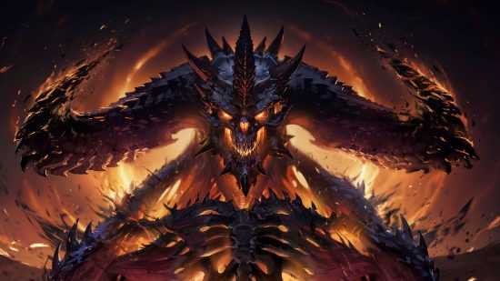 Lokasi Mimpi Buruk Kuno Immortal Diablo dan Pertarungan Bos: Diablo, The Lord of Terror menatap mengancam ke depan dengan lingkaran api neraka di belakangnya