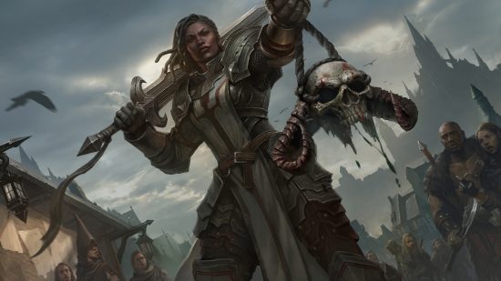 Diablo Immortal class change update: A female crusader with dreadlocks holds up a horned skull on a rope in front of onlooking villagers as she rests her giant sword on her shoulder