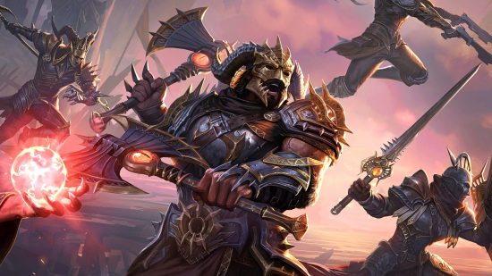 Diablo Immortal Legendary Gems: A Diablo Immortal barbarian kitted out in plate armour is dual wielding axes while charging into battle alongside his clan members.