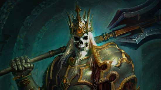 Diablo Immortal Lord Martanos szaporodási és főnökharc: Egy csontváz arany páncélban, és korona visel, közelharci fegyverével, amely a vállán nyugszik