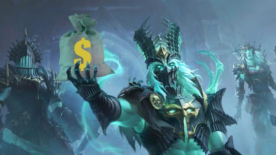 Diablo Immortal makes $100 million - a necromancer holding a sack with a dollar symbol emblazoned on it