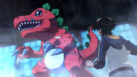 Digimon Survive list: a teenager standing in awe of Tyrannomon, a Digimon that looks like a red Tyrannosaurus Rex with green frills.
