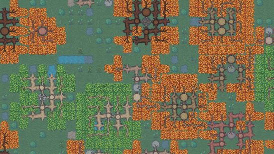 Dwarf Fortress trees are covered in orange leaves for the fall, seen from overhead.
