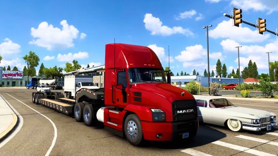 American Truck Simulator / ETS2 1.45 - a big red Mack truck driving through Cody, Wyoming