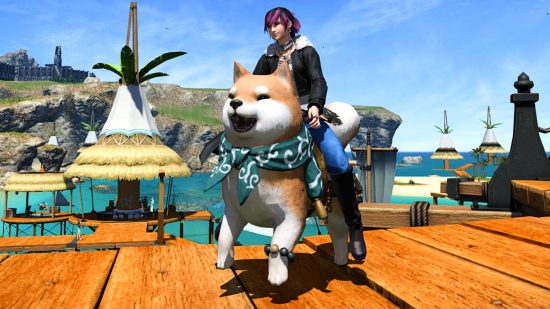 FFXIV Shiba mount best-selling store item: An FFXIV character sitting atop a giant Shiba Inu, which is bouncing on its hind legs with a joyful expression on a pier in the MMORPG's Costa del Sol