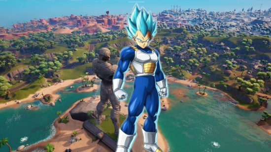 Fortnite and Dragon Ball Z coming together with Vegeta in front of a Fortnite vista