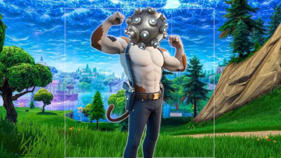 Fortnite Impulse Grenade is on top of a muscular cat body in front of a Fortnite lush green location