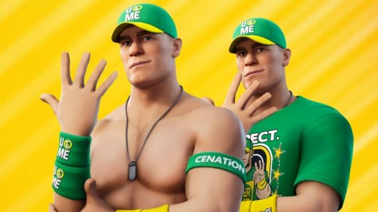 Fortnite John Cena skin which is just two John Cenas in front of a yellow background