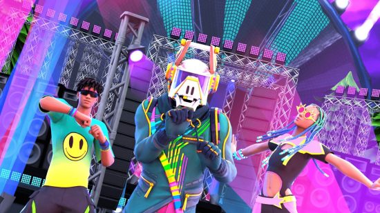 Three Fortnite characters stood in front of a musical stage with lasers all over the place