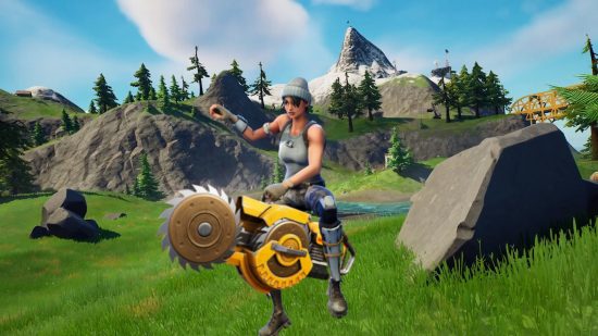 A Fortnite character riding the Fortnite Ripsaw Launcher