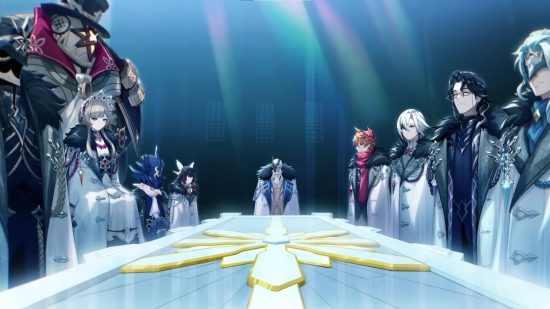 Genshin Impact voice line leak: the 11 Hatui Harbingers stand around an ornate rectangular table