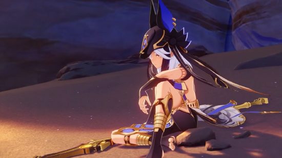 Upcoming genshin impact character Cyno sits on a sand-covered hill, looking onward