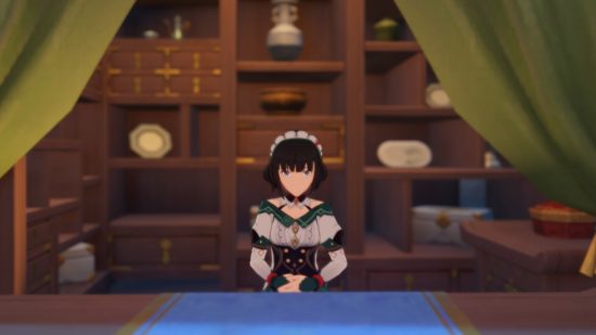 Genshin Impact fan theory: Katheryne stands behind her desk, hands folded in front of her