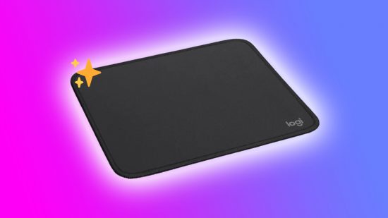 How to clean a mouse pad: Black Logitech mat on blue and pink backdrop with sparkle emoji