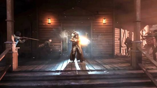 Hunt: Showdown leaderboards: A gunslinger fires weapons in two directions as enemies approach on the front porch of a saloon