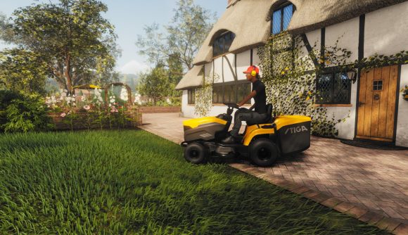 Lawn Mowing Simulator free: A worker rides a yellow-accented Stiga lawnmower outside a Tudor-style cottage with leaded glass windows and a thatched roof.