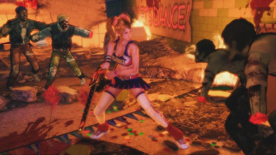 Lollipop Chainsaw - high school cheerleader Juliet Starling wielding a chainsaw against a group of zombies