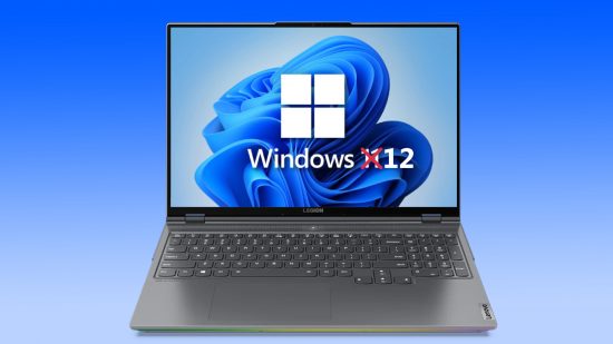 Windows 12: Laptop with Windows 11 logo and wallpaper with cross over number and 12 at right hand of text