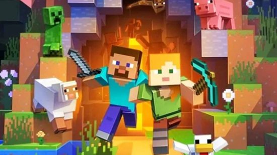 Minecraft Moderation tools are staying despite criticism, this image shows Steve and Alex escaping from a cave