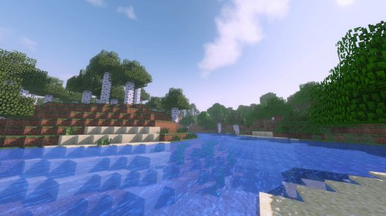 Shader Minecraft Terbaik: Kuda shader memberikan langit tampilan yang lebih lembut dan sungai rona biru tua.