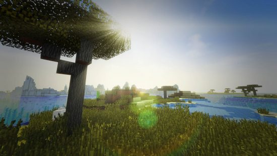 Shaders Minecraft Terbaik - Shader Werrus menunjukkan bidang dengan danau dan silau dari matahari.