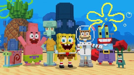 Minecraft Spongebob Squarepants DLC image showing off Spongebob and his friends in front of Bikini Bottom