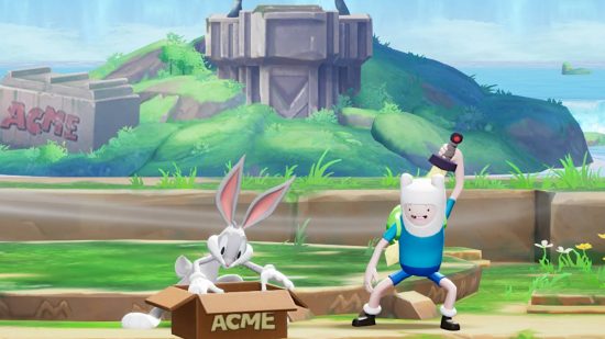 Multiversus tier list: Bugs Bunny is looking in an Acme box. Finn the Human is drawing his sword.