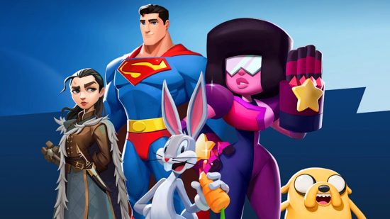 How to unlock characters in Multiversus: Arya Stark from Games of Thrones, Superman from DC Comics, Bugs Bunny from Looney Tunes, Jake the Dog from Adventure Time, and Garnet from Steven Universe stand together as an example of the characters you can expect from Multiversus' roster